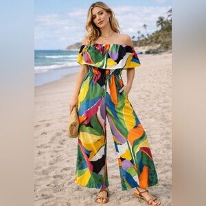 Trixxi Colorful Off Shoulder Wide Leg Jumpsuit Boho Tropical Print Size M